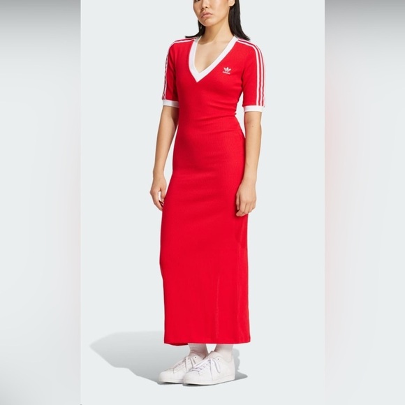 NWT Adidas Red V-Neck 3 Stripes Short Sleeve Athletic Stretch Bodycon Dress XS - Picture 1 of 4